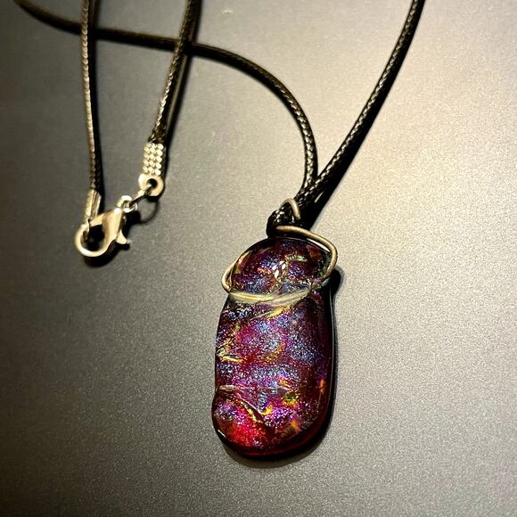 Raspberry Colored Dichroic Handcrafted Glass Pendant - Picture 4 of 7